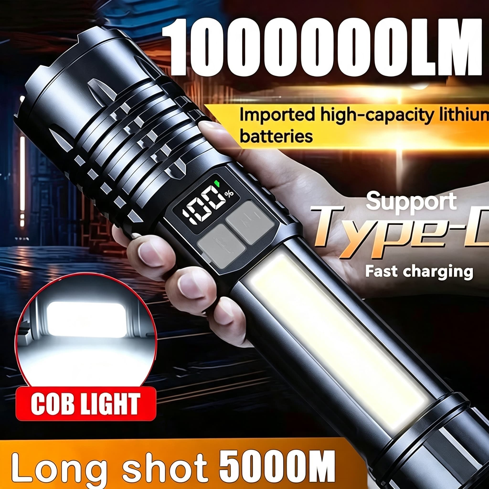 Super Bright COB Torch Light TYPE-C Rechargeable Zoomable Side Light ABS Waterproof...